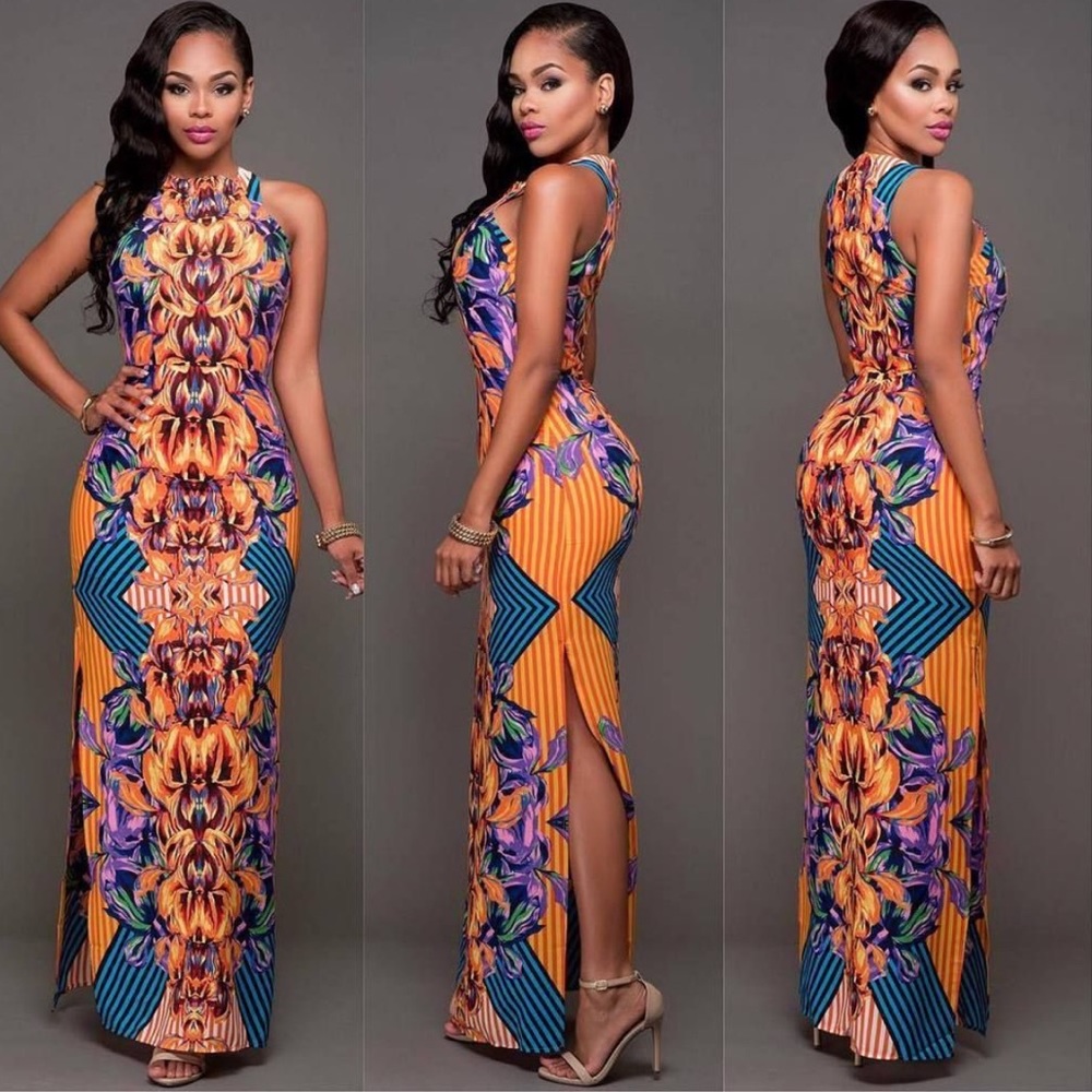 GIANNI BINI Bohemian orange multicolor sleeveless maxi dress with slit. Size S.